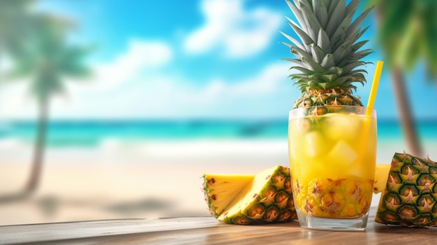 A pineapple cocktail with pineapples on a beach