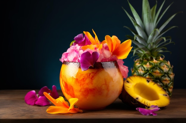 Photo a pineapple cocktail with pink and purple flowers