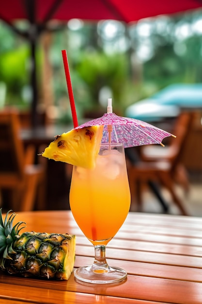 A pineapple cocktail with a straw and a red straw.