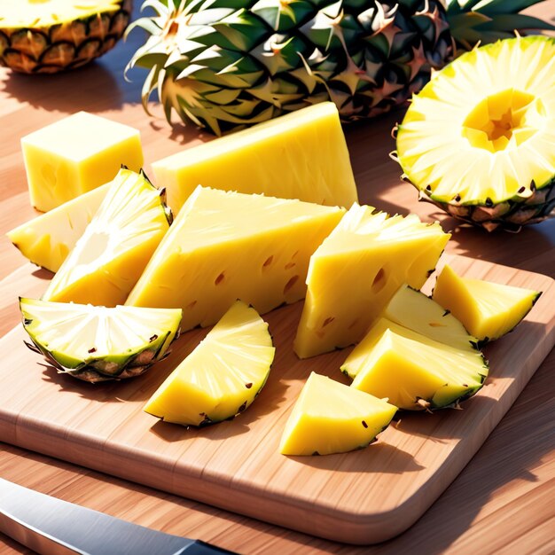 A pineapple cut crosswise into equal and flowing pieces on a white background