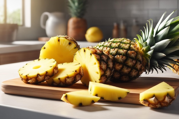 A pineapple cut crosswise into equal and flowing pieces on a white background