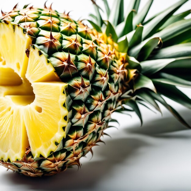 A pineapple cut crosswise into equal and flowing pieces on a white background