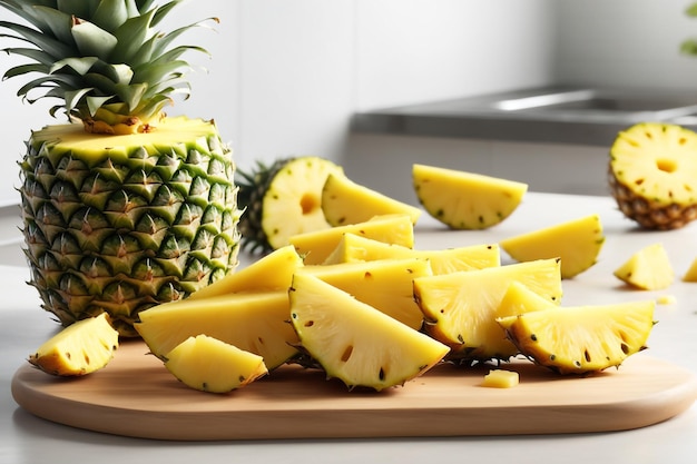 Photo a pineapple cut crosswise into equal and flowing pieces on a white background
