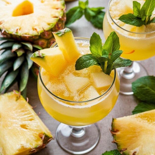 a pineapple drink with pineapple on the table