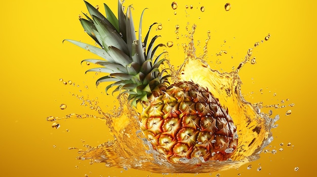 Pineapple dropped on the yellow water surface with pineapple slices generative ai