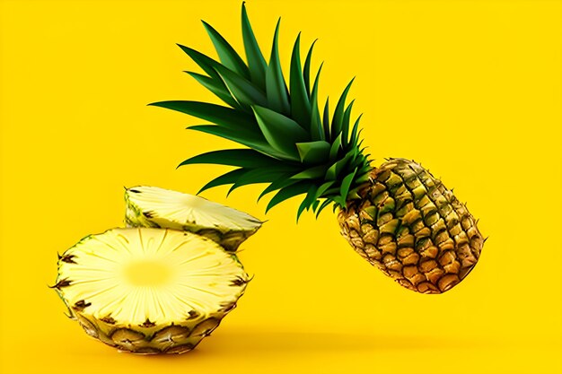 Photo a pineapple falling into a pile of slices of pineapple