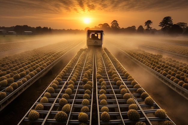 A pineapple farm during sunrise or sunset