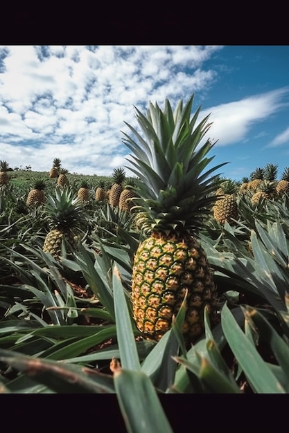 A pineapple field with a blue sky in the background.