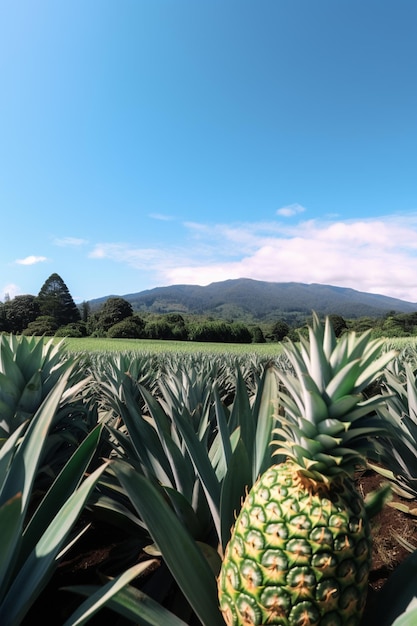 A pineapple field with mountains in the background