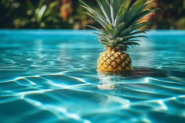 A pineapple floating in a pool with water