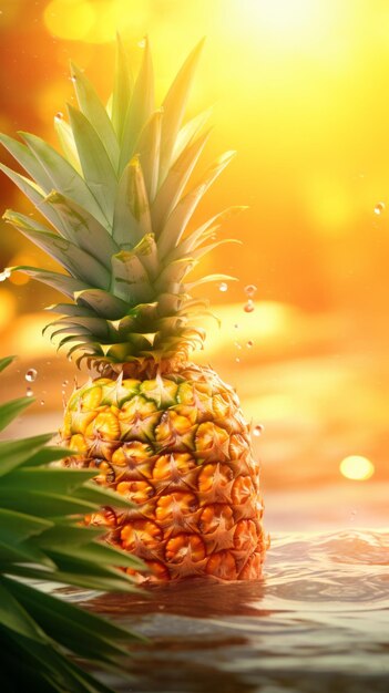 A pineapple floating in water with a beautiful sunset in the background