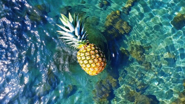 A pineapple floating in the water with the word pineapple on it.