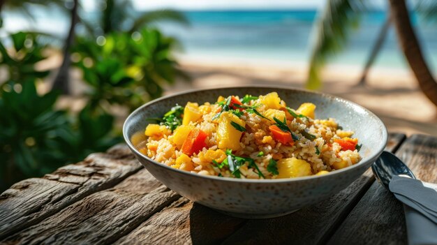 Pineapple Fried Rice against a tropical beach setting