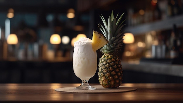 A pineapple and a glass of cocktail sit on a bar.