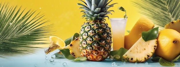 A pineapple and a glass of mango juice