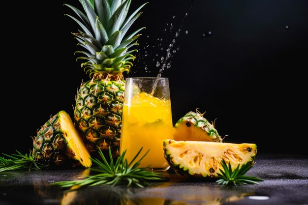 Pineapple and glass of orange juice are on table with pineapples Generative AI