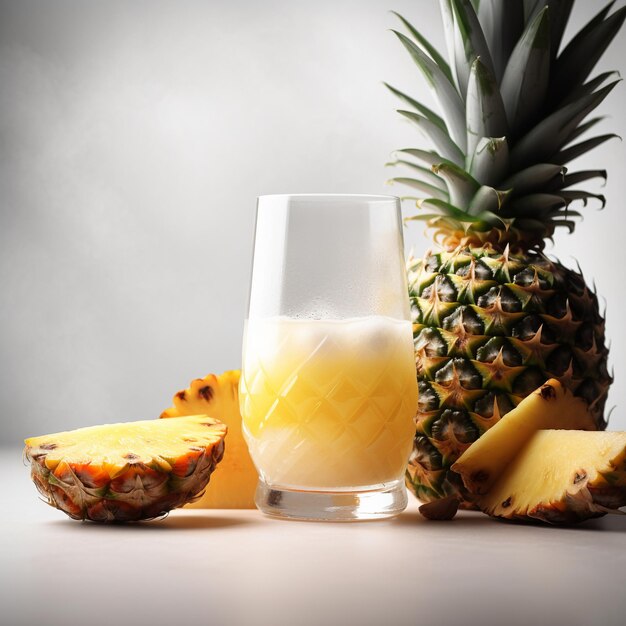 A pineapple and a glass of orange juice are on a table.