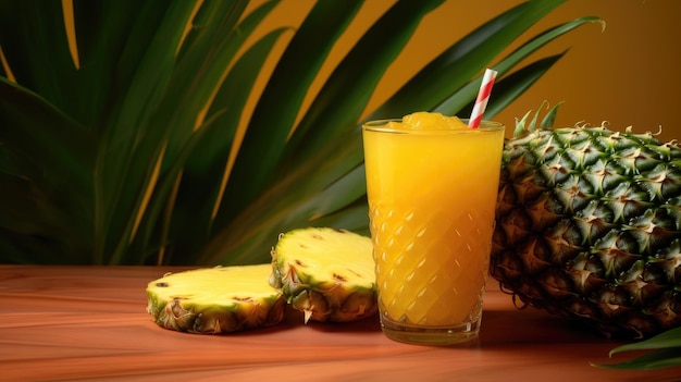 A pineapple and a glass of orange juice are on a table.