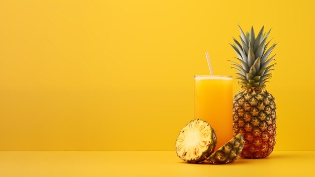 Pineapple and a glass of pineapple juice on a yellow background free space