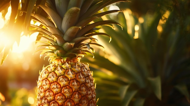 Pineapple growing on pineapple plant