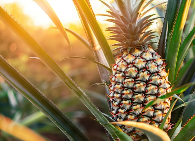 Photo pineapple grows on a tree in the harvest garden on everning sun flare blur bokeh background ai generated