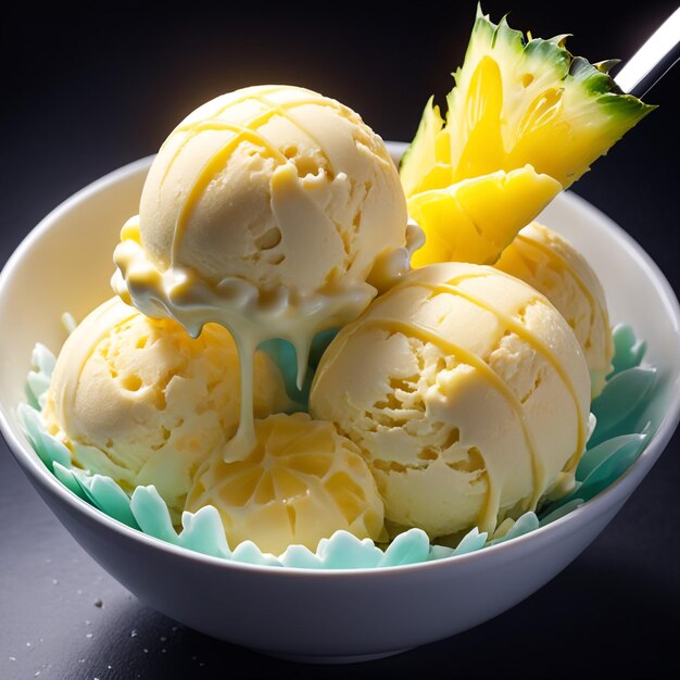 Foto gelato di ananas posto in una ciotola meravigliosa su uno sfondo nero isolato