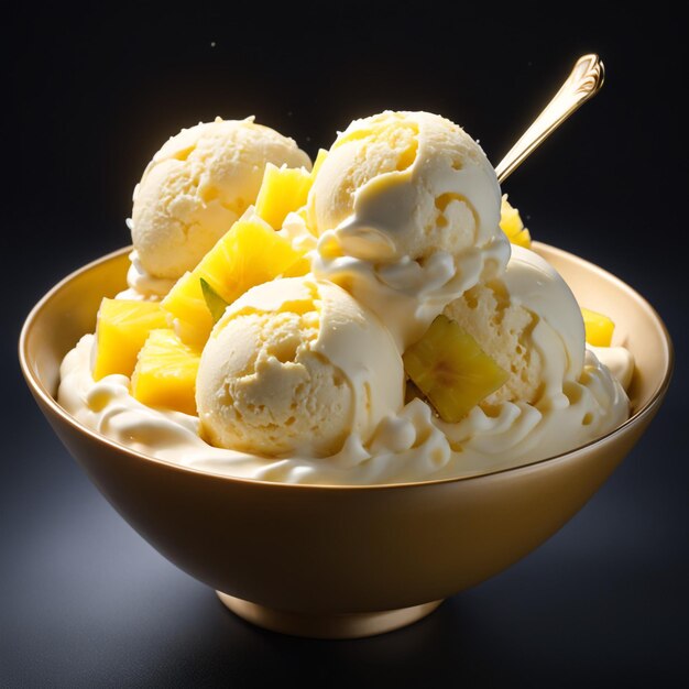 pineapple ice cream placed in a wonderful bowl on a black background isolated