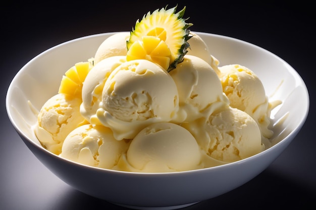 pineapple ice cream placed in a wonderful bowl on a black background isolated