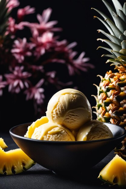 pineapple ice cream placed in a wonderful bowl on a black background isolated