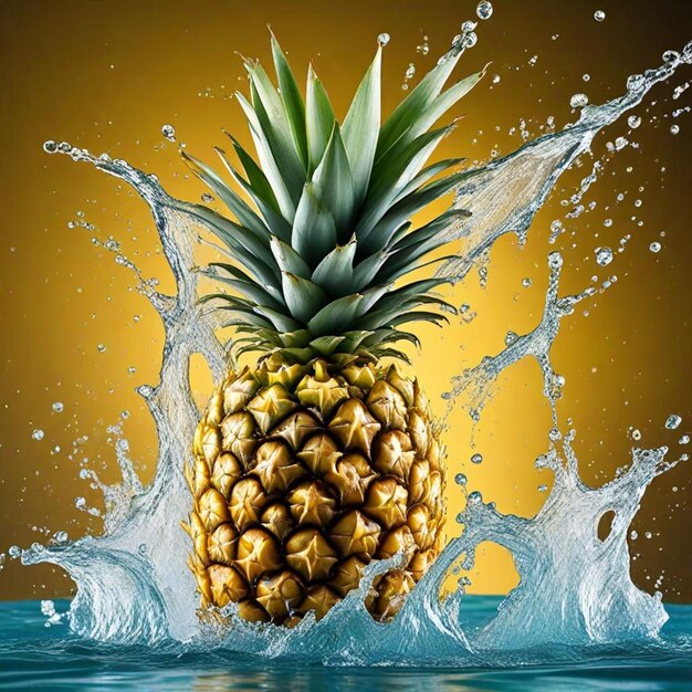 Foto un ananas viene spruzzato nell'acqua con un spruzzo d'acqua