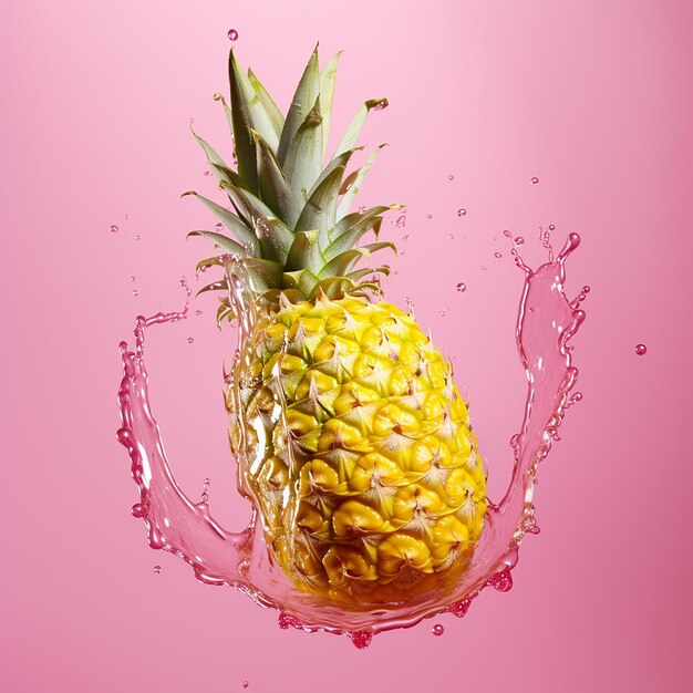 a pineapple is being splashed with water on a pink background