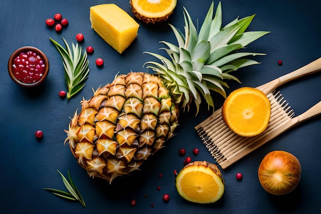 A pineapple is cut into slices and is surrounded by pineapples