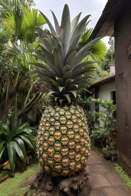A pineapple is hanging in a garden with the word pineapple on it.