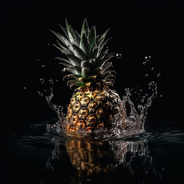 A pineapple is splashing in the water with the word pineapple on it