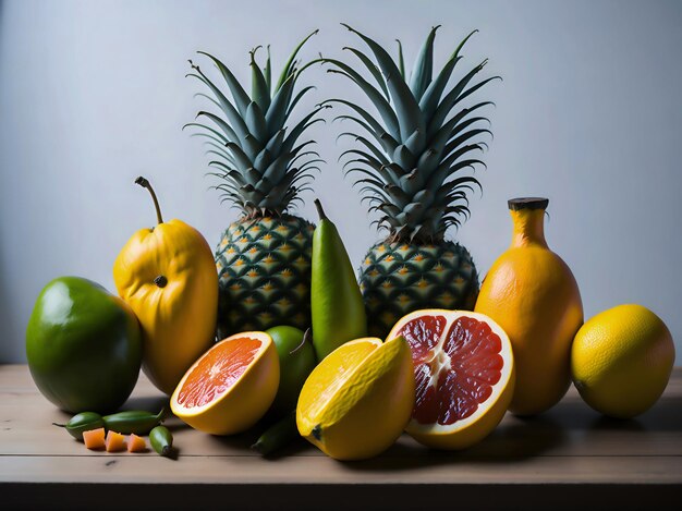 A pineapple is on a table next to a pineapple.