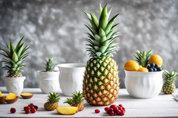 a pineapple is on a table with other bowls of fruit