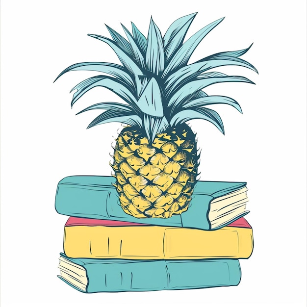Foto un ananas è in cima a una pila di libri