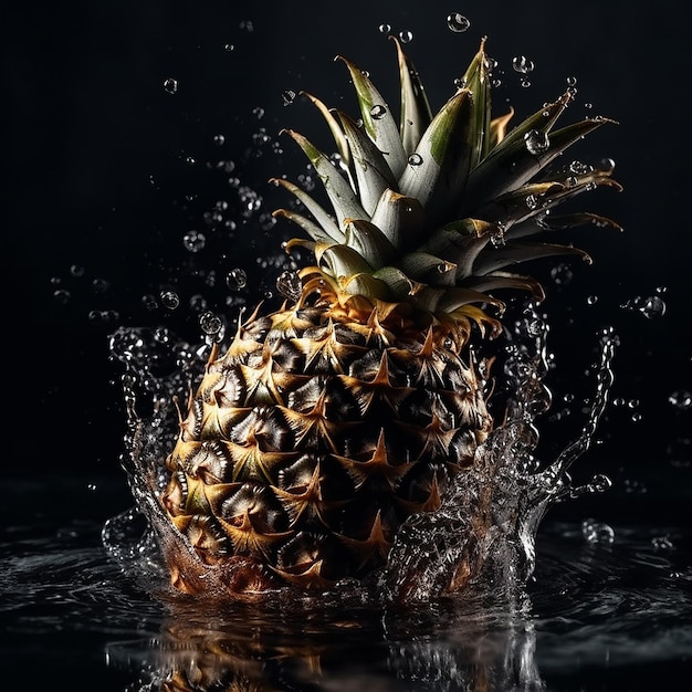 A pineapple is in the water and it is being splashed with water.