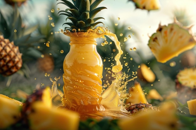 pineapple juice bottle with farm background