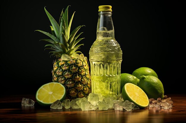 Pineapple Juice Bottle with Ice Cubes and Lime Pineapple Juice image photography