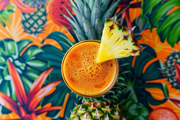 Pineapple juice in a glass with a vibrant patterned background bold theme