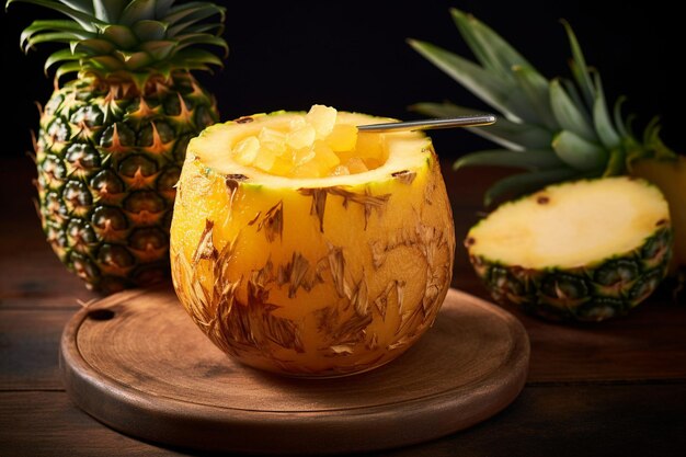 Photo pineapple juice served in a mason jar with a slice of pineapple and a paper straw