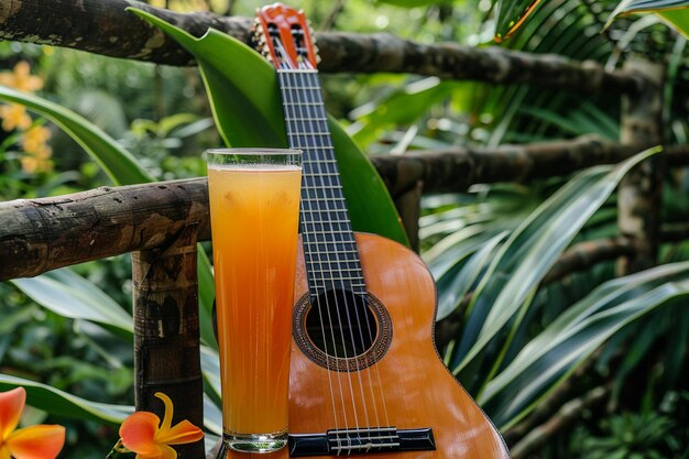 Foto succo di ananas con un lato di una serenata musicale di chitarra classica