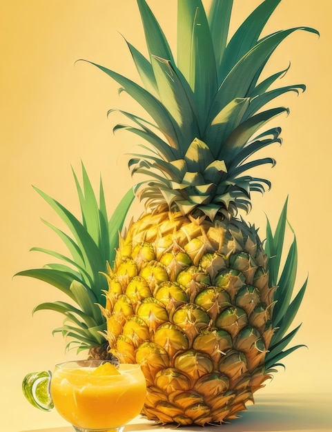 Pineapple and juice on a yellow background Tropical fruit