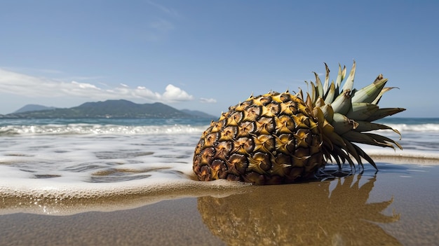 A pineapple lies on the beach in the ocean.