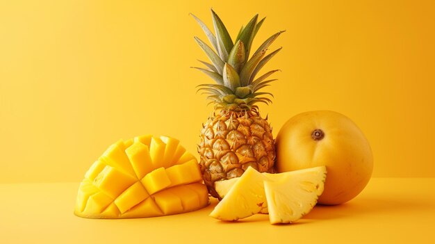 Photo pineapple and mango slices on yellow background