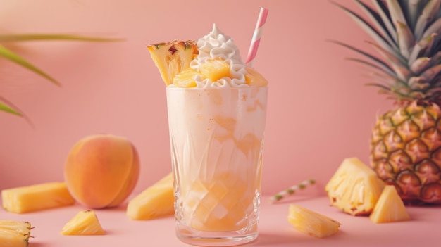 A pineapple milkshake topped with whipped cream and slices of fresh pineapple