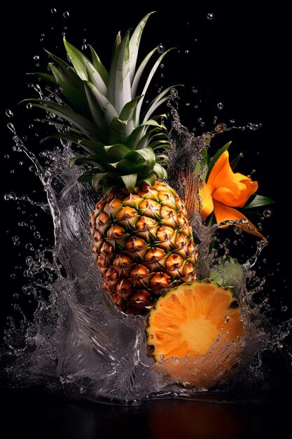 Pineapple and orange water splash on black background