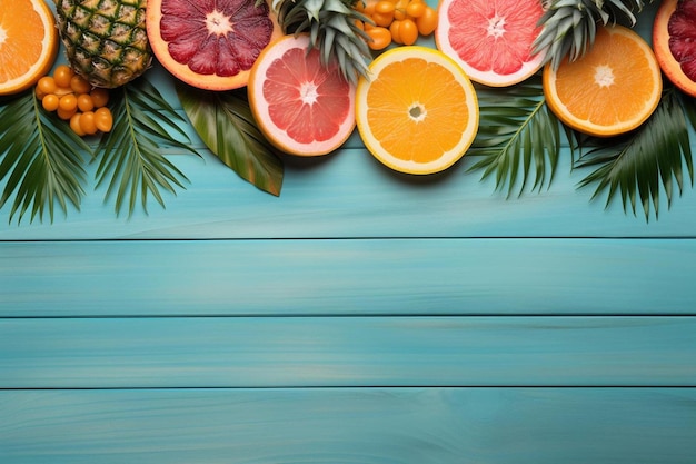 A pineapple and oranges are displayed on a blue wooden background.