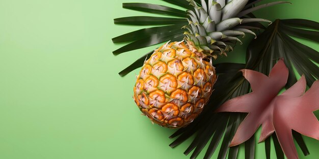 Photo a pineapple and a palm leaf are on a green background.